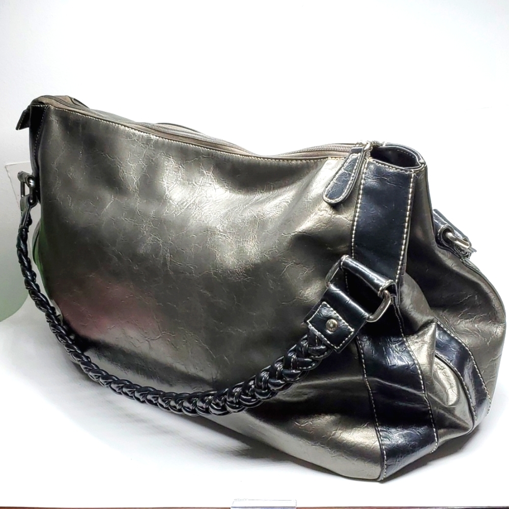 Extra Large Metallic Taupe Black Braided Straps Faux Leather Tote Bag EUC